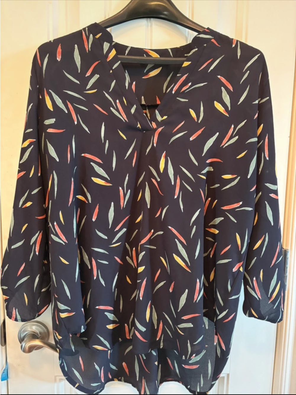 Lush Navy V-Neck Blouse with Coral, Yellow & Teal Leaf Print